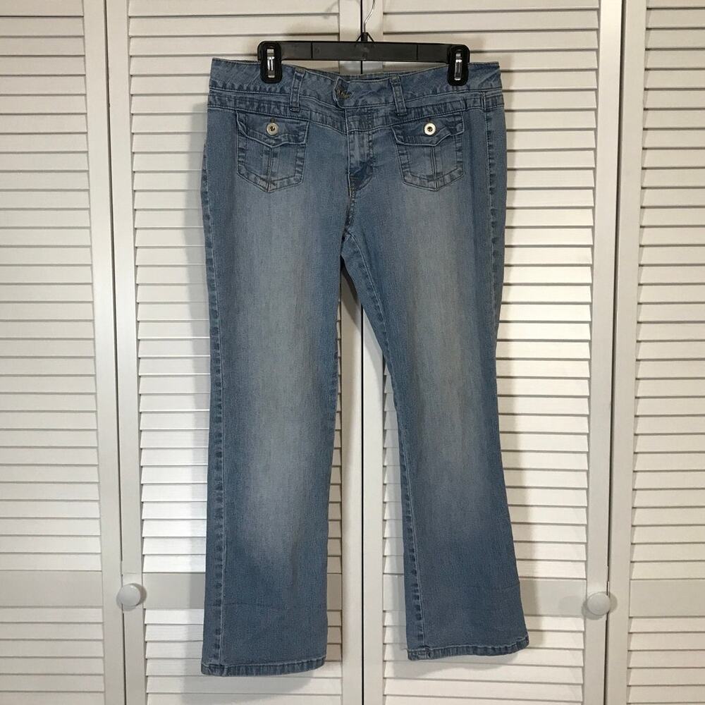Piper & Blue Y2K Retro Blue Denim Stretch Flare Flap Pockets Jeans Junior 17